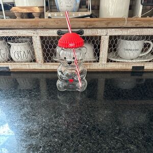 Honey Dew Bear-Shaped Glass with Red Lid and Straw Valentines Limited edition